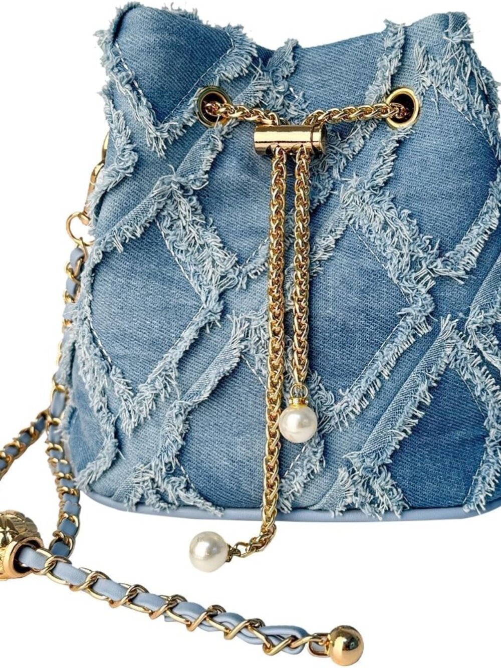 Denim Bucket Bag for Women Y2K Washed Frayed Patchwork Jean Purse Drawstring Hob